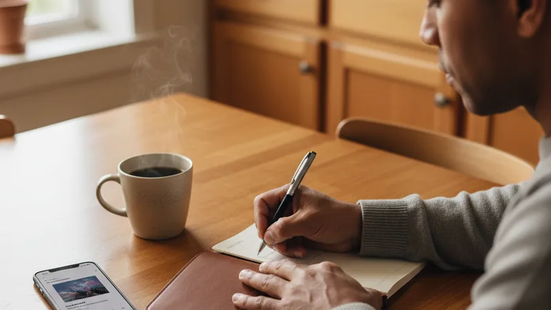 Adult writing thoughtfully in a leather notebook on a kitchen table beside an iPhone showing a music app and a mug of coffee, soft natural window light, candid lifestyle photography in editorial style, focused reflective mood, warm wood and amber tones, focused over-the-shoulder view