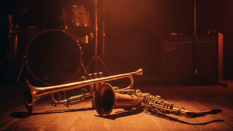 Trumpet and saxophone on dark stage under warm orange amber spotlight