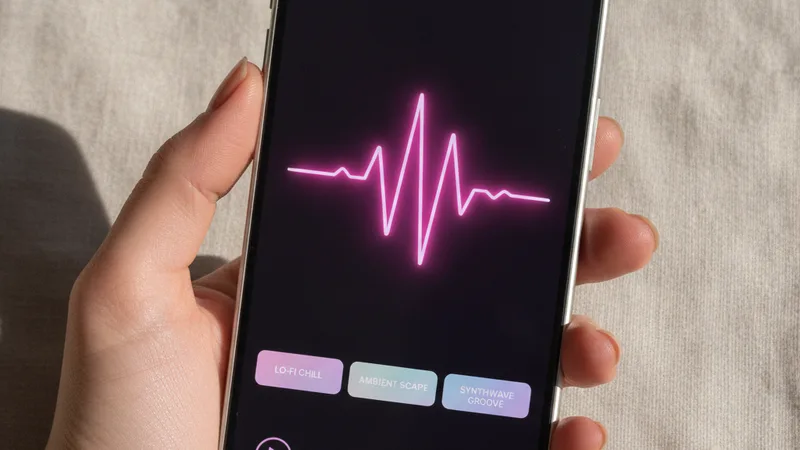 Hand holding iPhone showing music generator app with pink waveform