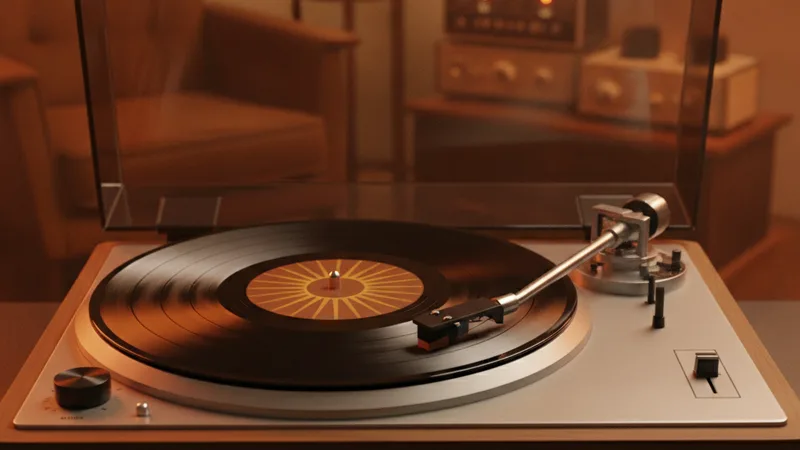 Vintage turntable with soul funk record in warm orange-gold lighting