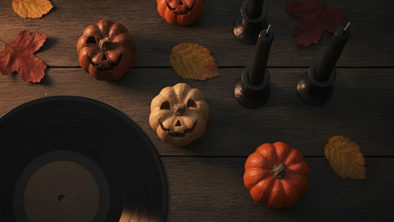Overhead flat lay of miniature pumpkins, black candles and dried leaves on dark wood