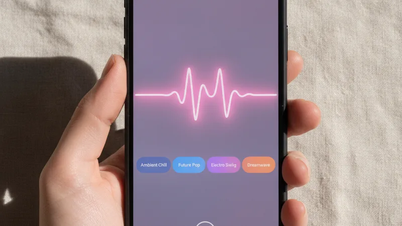 Hand holding an iPhone showing a music generator app with a pink waveform and genre tags
