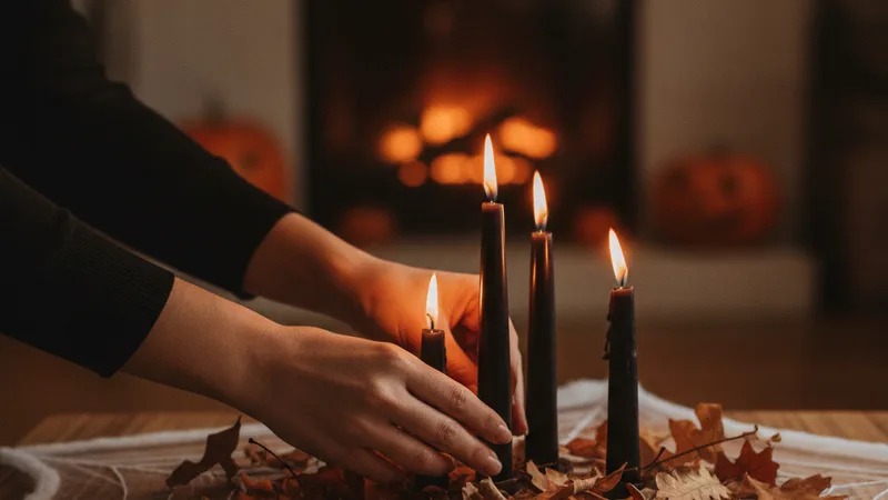 Hands arranging black candles and dried leaves on a Halloween party table by candlelight