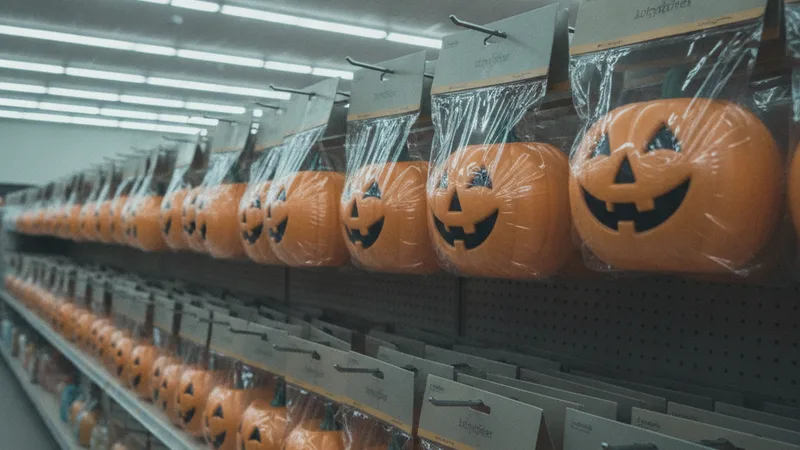 Generic mass-produced Halloween decorations on a store shelf under flat lighting