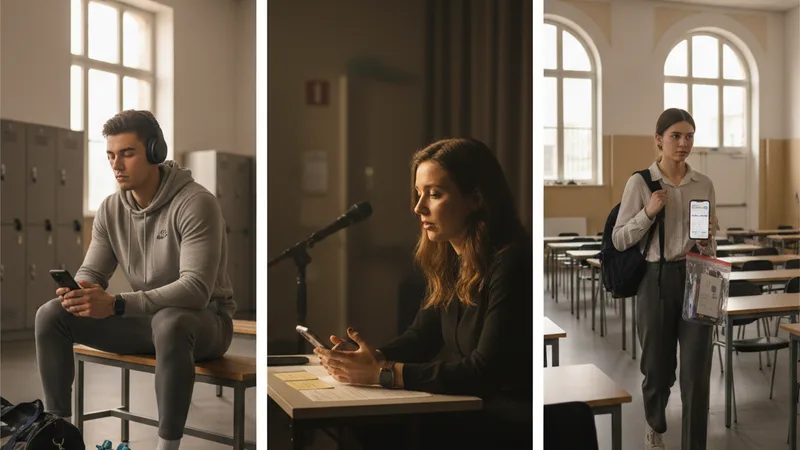 Wide split workspace shot showing three different big-day moments - an athlete in a locker room with headphones a public speaker preparing notes backstage and a student arriving at a university exam hall - all with iPhones visible in soft natural light, candid documentary photography in editorial style, anticipatory mood, warm neutral tones