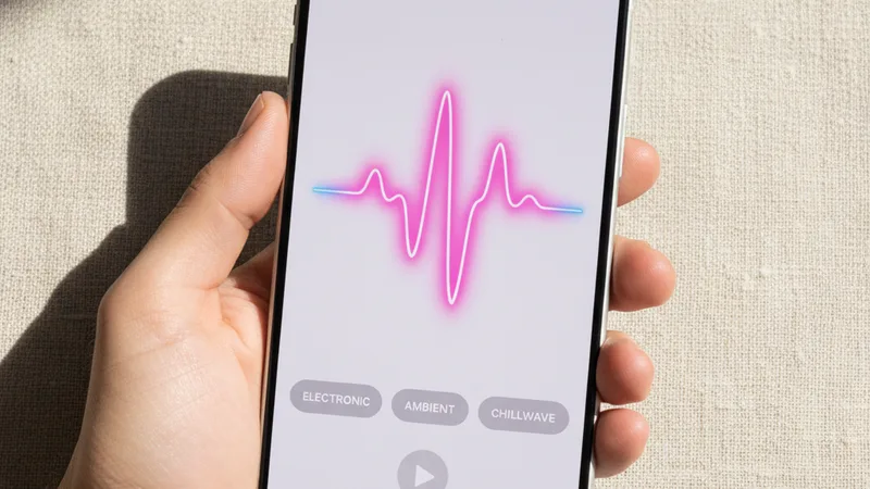 Hand holding an iPhone in portrait orientation showing a music generator app interface with a bright pink waveform and genre tags, clean neutral linen background, product photography style, soft directional daylight