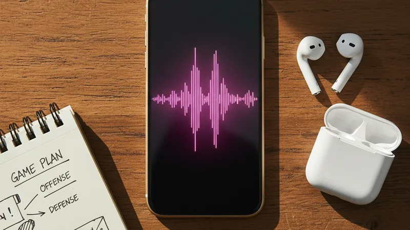 Close-up flat lay of an iPhone displaying a vibrant pink audio waveform on a wooden desk next to wireless earbuds and a small notebook with handwritten game-day notes, soft warm morning light, intimate detail photography in editorial style, energetic confident mood, warm amber tones