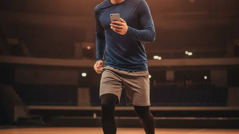 Athletic person wearing wireless earbuds with a confident determined expression mid-stride about to step onto a court or stage, an iPhone visible in their hand, soft warm overhead lighting, candid documentary lifestyle photography in editorial style, energetic focused mood, warm amber tones