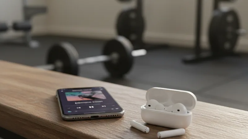 Close-up of a pair of wireless earbuds resting on a wooden gym bench next to an iPhone showing a music app, gym equipment blurred in the background, soft natural morning light, candid lifestyle photography in editorial style, motivated mood, warm neutral tones