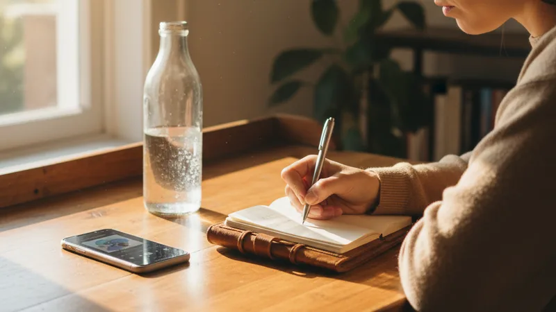 Person writing in a small leather notebook at a wooden desk with an iPhone showing a music app and a water bottle beside them, soft natural morning light, candid lifestyle photography in editorial style, focused determined mood, warm wood and amber tones, focused over-the-shoulder view