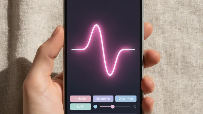 Hand holding an iPhone in portrait orientation showing a music generator app interface with a bright pink waveform and genre tags, clean neutral linen background, product photography style, soft directional daylight