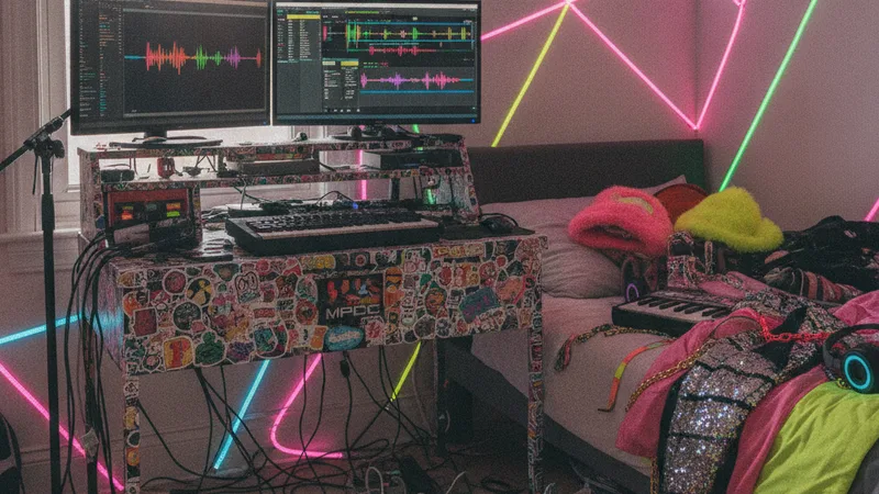 Wide colorful chaotic bedroom hyperpop studio scene with neon LED light strips on the walls a small desk with two monitors showing colorful audio waveforms an MPC controller stickers covering everything and a chaotic pile of accessories on the bed, vibrant saturated digital aesthetic, candid documentary photography in editorial style, playful chaotic energetic mood, hyper-saturated pink cyan and lime tones with neon accents
