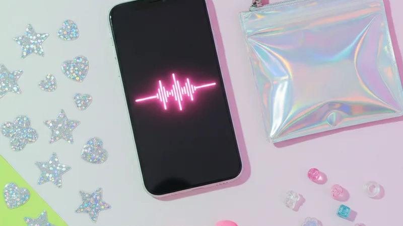 Flat lay of an iPhone displaying a vibrant pink audio waveform on a colorful desk next to glittery stickers a holographic bag a pair of pink earbuds and small plastic accessories, vibrant saturated lighting, intimate detail photography in editorial style, playful chaotic mood, hyper-saturated pink cyan and lime tones