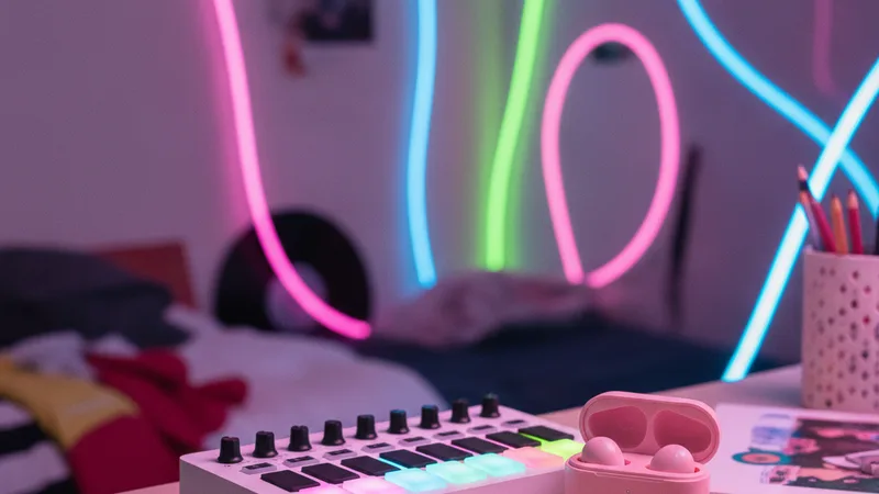 Close-up of a small MIDI controller next to a pair of pink wireless earbuds and a glittering hair clip on a desk in a chaotic colorful bedroom with neon LED light strips visible, hyper-saturated digital aesthetic, candid still-life photography in editorial style, vibrant chaotic mood, hyper-saturated pink cyan and lime tones