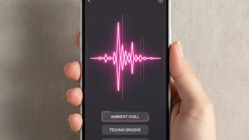 Hand holding iPhone showing music generator app with waveform