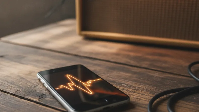 iPhone showing guitar waveform on worn wood surface with amp glow