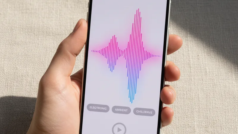 Hand holding an iPhone in portrait orientation showing a music generator app interface with a bright pink waveform and genre tags, clean neutral linen background, product photography style, soft directional daylight