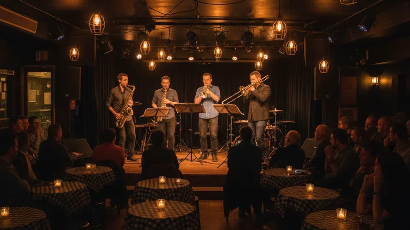 Wide atmospheric shot of an intimate jazz club with a small stage, a brass quartet performing, warm hanging Edison bulb lights, round small tables with single candles, candid documentary photography in editorial style, atmospheric dim warm amber and gold tones