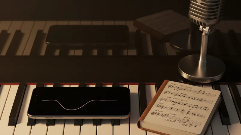Flat lay of an iPhone showing a soft pink audio waveform on a black piano keyboard surface next to a small leather notebook with handwritten jazz chord changes and a vintage microphone, soft warm light, intimate detail photography in editorial style, atmospheric warm amber tones