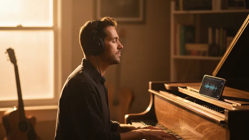 Jazz musician wearing headphones sitting at a piano with an iPhone resting on the music rack, listening intently to playback, soft warm window light, candid documentary lifestyle photography, focused thoughtful mood, warm amber tones