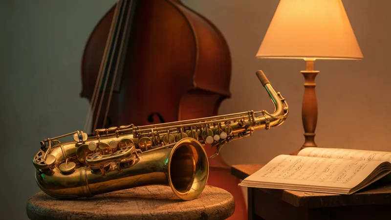 Close-up of a brass saxophone resting on a vintage wooden stool next to an open sheet music book and an upright bass leaning against the wall, warm soft lamp light, candid still-life photography in editorial style, dim atmospheric warm tones