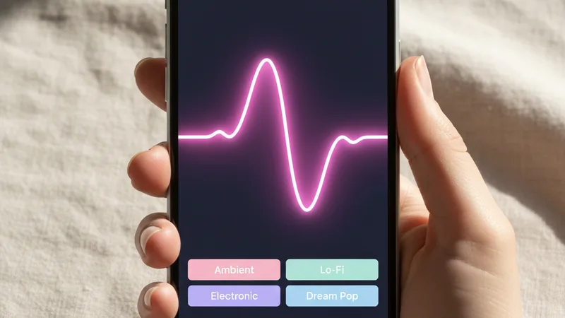 Hand holding an iPhone in portrait orientation showing a music generator app interface with a bright pink waveform and genre tags, clean neutral linen background, product photography style, soft directional daylight