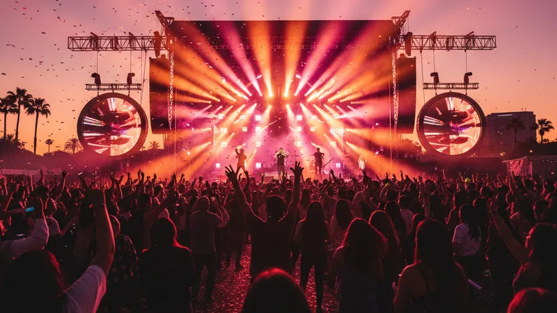 Atmospheric outdoor Latin pop concert venue at dusk with colorful stage lights and silhouetted crowd, candid documentary photography in editorial style, warm pink and amber tones, festival energy
