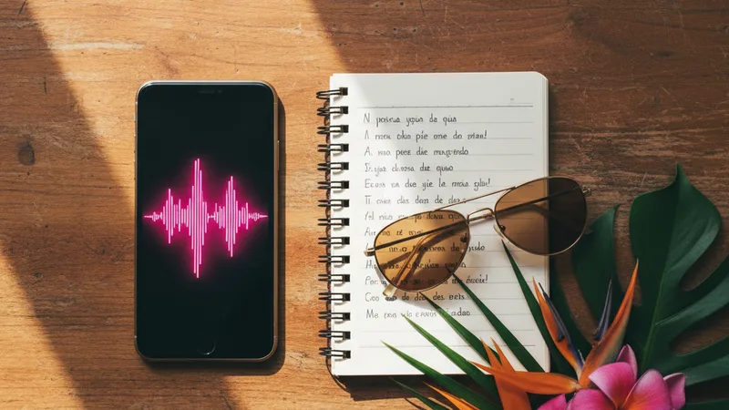 Flat lay of an iPhone showing a vibrant pink audio waveform on a wooden table next to a small notebook with handwritten Spanish lyrics, a pair of gold sunglasses, and a small bouquet of tropical flowers, soft natural daylight, intimate detail photography in editorial style, warm rose and amber tones