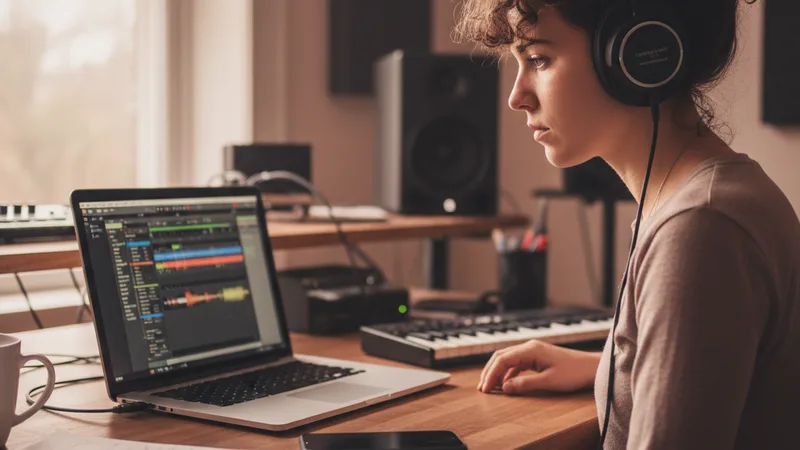 Music producer wearing headphones at a home studio desk reviewing a track on a laptop with an iPhone next to it, soft window light, candid documentary lifestyle photography, focused mood, warm rose and amber tones