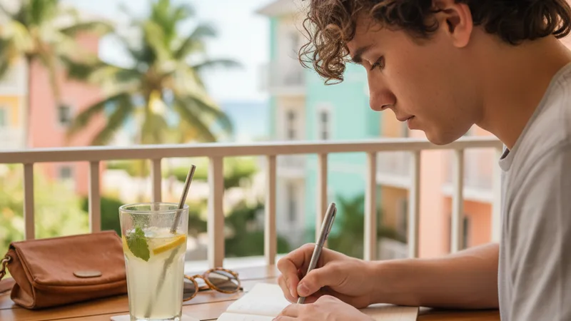 Young songwriter writing in a notebook on a sunny balcony cafe table next to an iPhone displaying a music app and an iced lemonade, soft afternoon natural light, candid lifestyle photography in editorial style, focused creative mood, warm tropical pastel tones, focused over-the-shoulder view