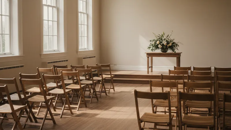 Quiet memorial service setup in a softly lit room with rows of empty wooden chairs, a small floral arrangement at the front, soft natural light through tall windows, candid documentary photography, respectful muted warm tones