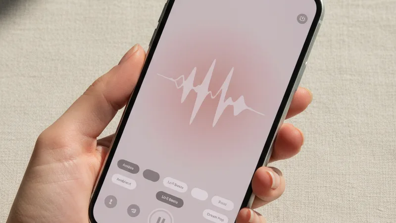 Hand holding an iPhone in portrait orientation showing a music generator app interface with a soft pink waveform and genre tags, clean neutral linen background, product photography style, soft directional daylight