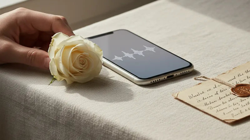 Hand placing a single white rose next to an iPhone showing a soft audio waveform on a linen surface, a folded handwritten letter beside them, soft natural daylight, intimate detail photography in editorial style, muted warm tones