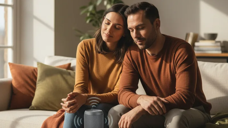 Two people sitting side by side on a sofa listening quietly to music through a small Bluetooth speaker on the coffee table, an iPhone next to the speaker, soft afternoon window light, intimate candid lifestyle photography, warm muted tones