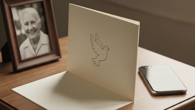 Close-up of an open memorial program booklet on a wooden side table next to a small framed photograph and an iPhone, soft natural window light, warm muted tones, candid still-life photography in editorial style, respectful and quiet