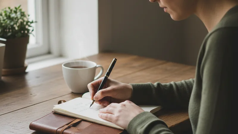 Person writing thoughtfully in a leather notebook on a kitchen table next to an iPhone and a cup of tea, soft natural side light from a window, candid quiet lifestyle photography, warm muted tones, focused over-the-shoulder view