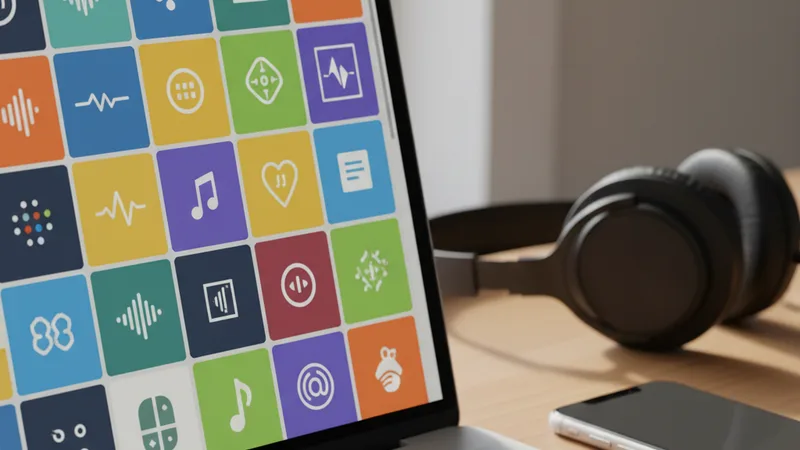 Close-up of a laptop screen showing a digital audio workstation virtual instrument browser with a colorful grid of loop and instrument options, an iPhone resting beside the laptop, headphones, soft natural window light, candid lifestyle photography in editorial style, warm neutral tones