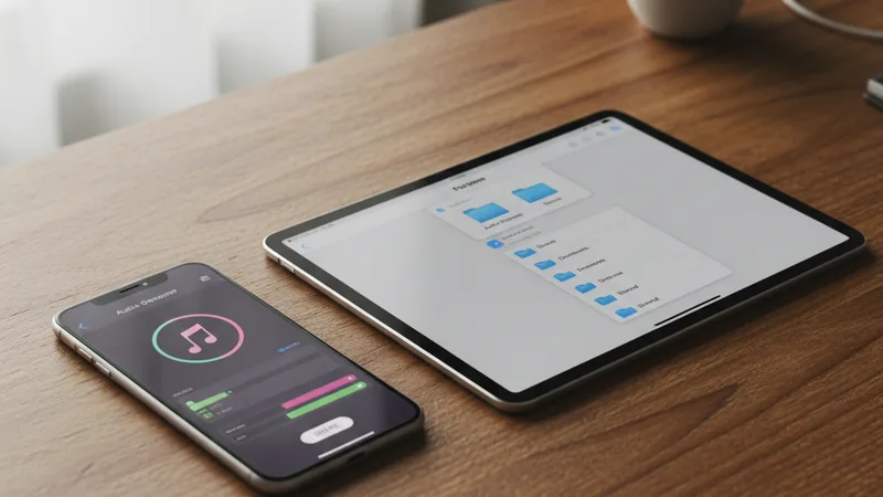 Flat lay of an iPhone showing a music generator app with a track ready to share and a Files app open beside it, on a wooden desk, soft natural daylight, intimate detail photography in editorial style, warm wood tones