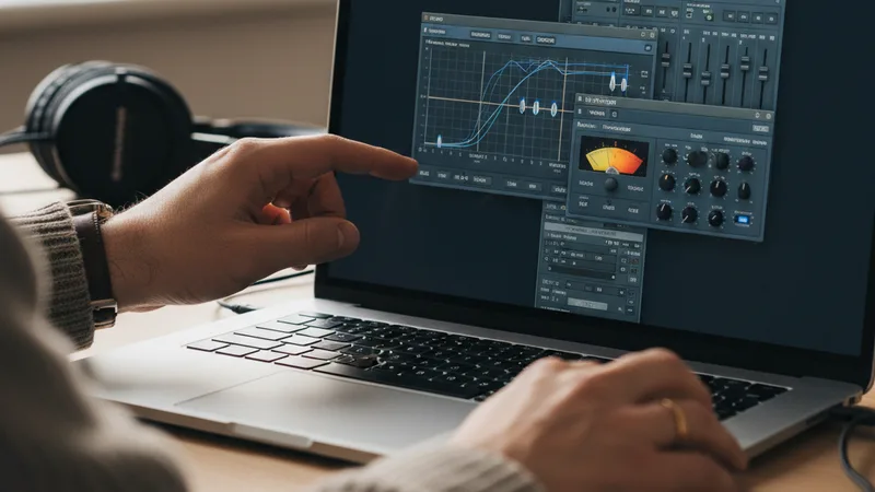 Close-up of a music producer's hands adjusting digital EQ and compressor plugins on a MacBook screen with detailed audio mastering interface visible, soft window light, candid detail photography in editorial style, focused creative mood, warm neutral tones