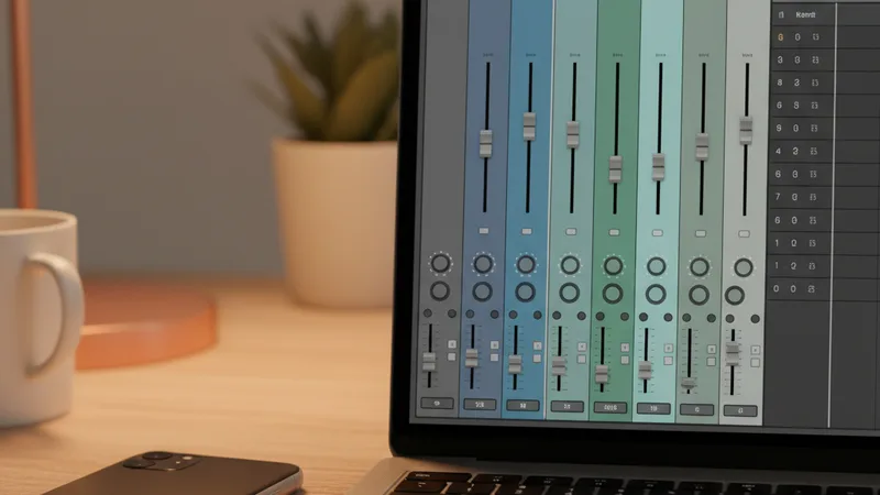 Close-up of a laptop screen showing a digital audio workstation mixer view with multiple channel strips and volume faders, an iPhone resting beside the laptop, soft warm desk lamp light, candid lifestyle photography in editorial style, warm neutral tones