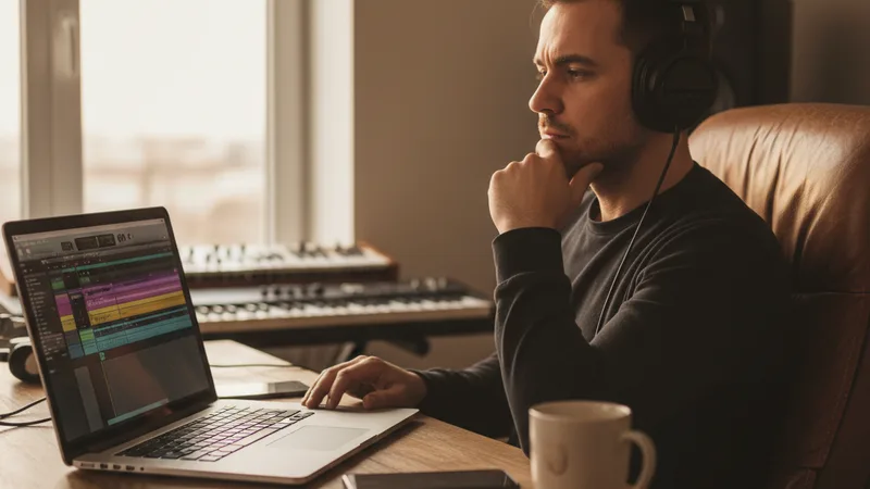 Music producer wearing headphones at a wooden desk leaning back thoughtfully evaluating playback on a laptop with a digital audio workstation visible and an iPhone next to it, soft window light, candid documentary lifestyle photography, contemplative mood, warm neutral tones