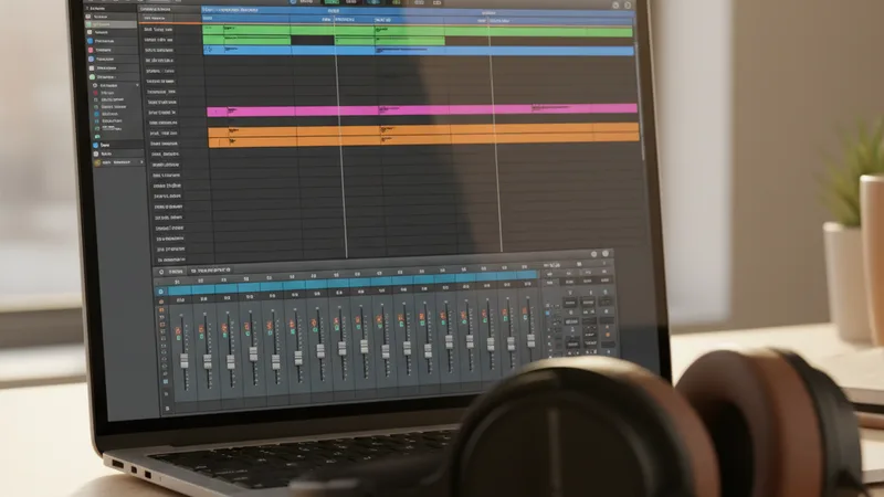 Close-up of a MacBook screen showing a digital audio workstation interface with multitrack timeline and mixer panel visible, headphones resting on the desk beside the laptop, soft natural window light, candid lifestyle photography in editorial style, warm neutral tones