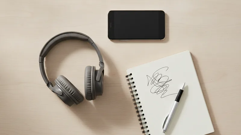 Overhead flat lay of a smartphone, headphones, a notebook and a pen on a pale wooden desk