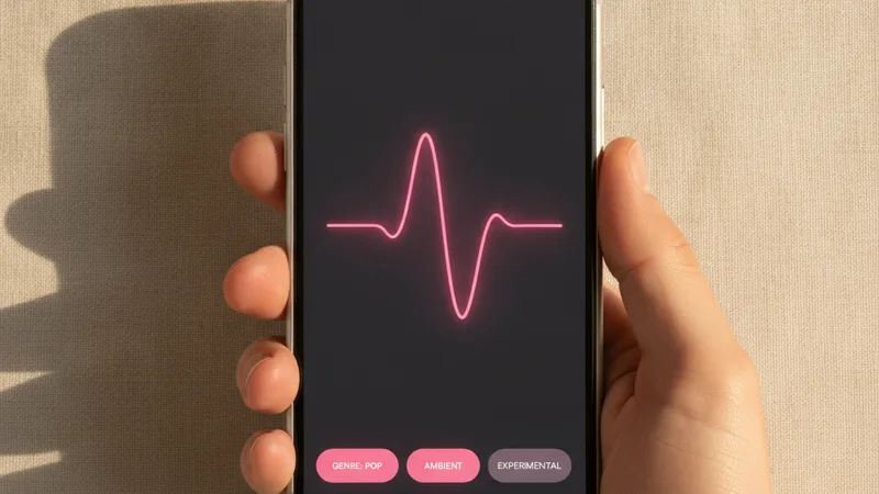 Hand holding an iPhone showing a music generator app with a pink waveform and genre tags