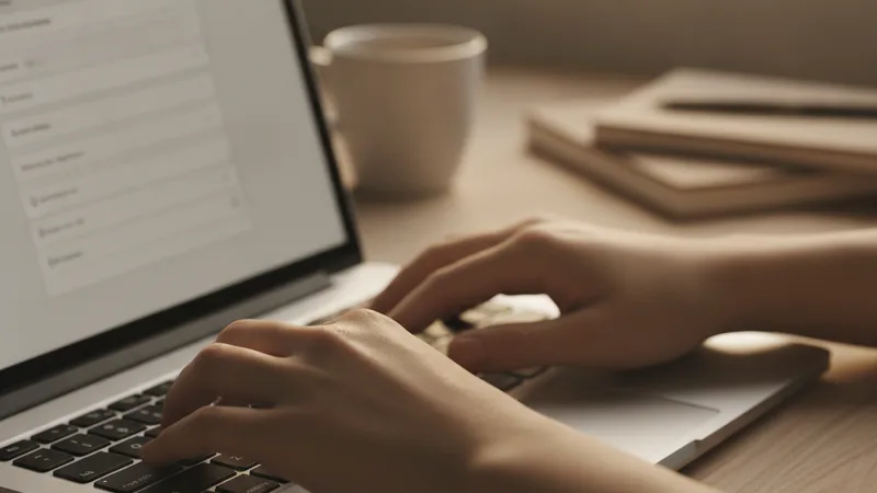 Close-up of hands typing on a laptop keyboard with a form on screen under a desk lamp