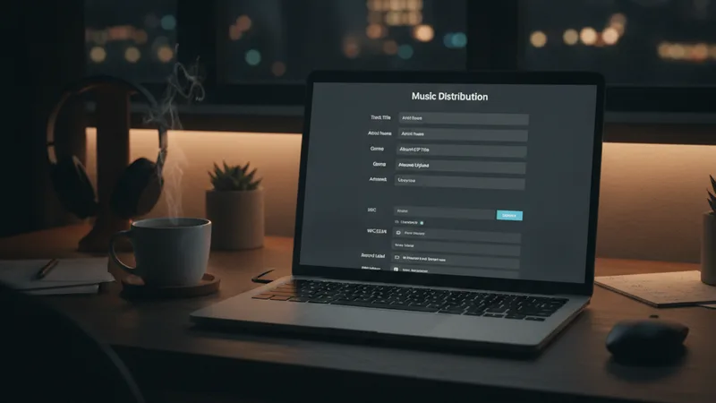 A laptop screen showing a music distribution upload form with metadata fields
