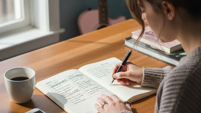 Songwriter writing in a notebook with three columns of lyric drafts for verse one verse two and a bridge section, an iPhone beside the notebook, a coffee cup, soft natural window light, candid lifestyle photography in editorial style, focused creative mood, warm wood and pastel tones, focused over-the-shoulder view