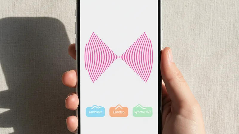 Hand holding an iPhone in portrait orientation showing a music generator app interface with a bright pink waveform and genre tags, clean neutral linen background, product photography style, soft directional daylight