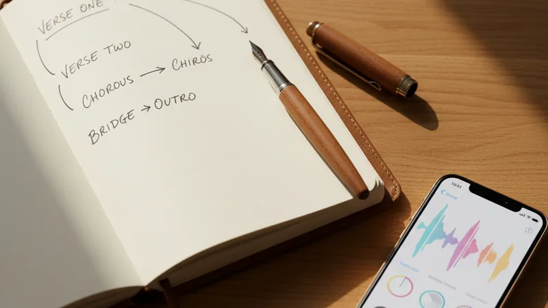Flat lay of an open leather notebook with handwritten song structure annotations labeled verse one verse two chorus bridge outro, a fountain pen, an iPhone showing a music generator app, soft natural daylight, intimate detail photography in editorial style, warm wood tones