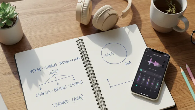 Overhead workspace shot of a wooden desk with an open notebook showing diagrams of different song forms verse-chorus AABA ternary alongside an iPhone showing a music app and headphones, soft natural window light, candid lifestyle photography in editorial style, warm wood and pastel tones